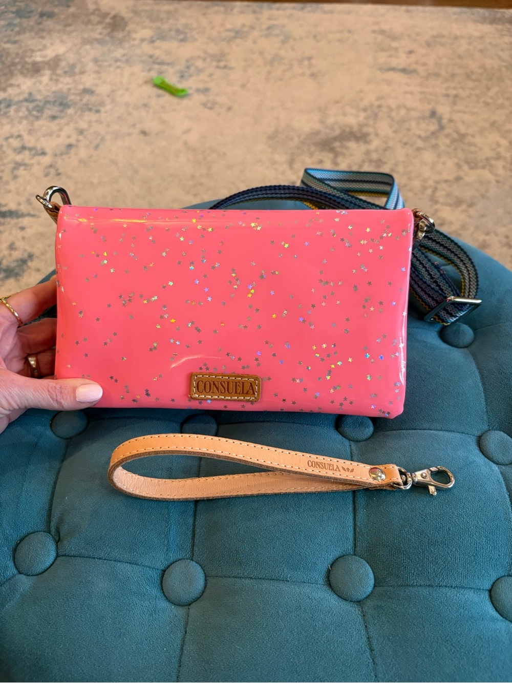 Consuela Hot Pink Glitter Patent Crossbody Wristlet
